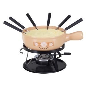 9-teiliges Käsefondue-Set mit Keramiktopf, Rechaud, Brenner und 6 Gabeln.
