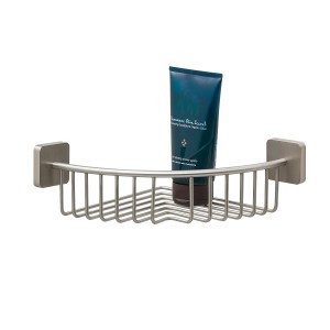 Étagère d'angle de douche Tiger Onu en acier inoxydable brossé avec gel douche. Étagère de douche pratique.