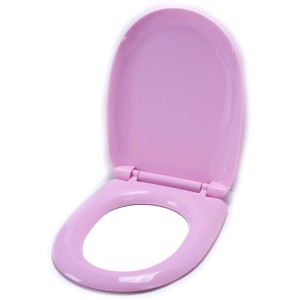 Sedile WC MSV in plastica rosa, coperchio aperto.