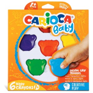 Carioca Baby Crayons Teddy, 6 pièces, en différentes couleurs. Idéal pour les jeunes enfants à partir de 12 mois.