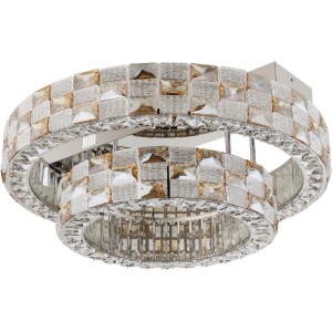 Plafonnier LED chromé Lidia avec cristaux de verre ambrés et transparents, Ø 61 cm.