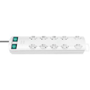 Multiprise blanche Primera-Line avec 10 prises et deux interrupteurs.