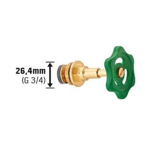 Robinet d'équerre en laiton 26,4 mm (G 3/4) avec volant vert pour réguler le débit.