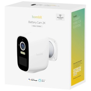 Hombli Smart Akku-Überwachungskamera in Weiß, verpackt. Kabellose Kamera für Innen und Außen.