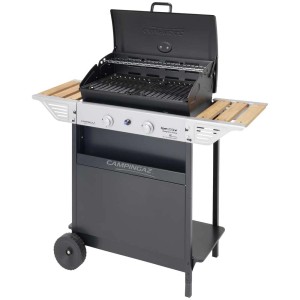 Campingaz Xpert 200LW barbecue a gas, acciaio inox, nero, con ripiani laterali e griglia.