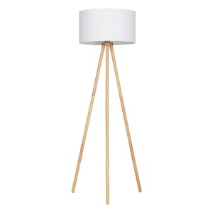 Lampadaire Brilo avec abat-jour en tissu blanc et pieds en bois. Lampe sur pied élégante pour intérieur.
