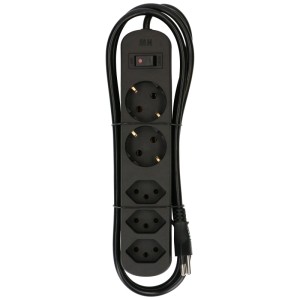 Multiprise noire Basic Line avec 3x Type13 et 2 prises Schuko, avec interrupteur.