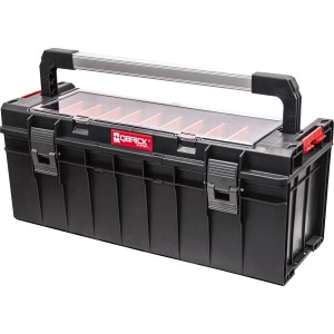 QBRICK Werkzeugkoffer PRO 700 Expert, schwarzer Werkzeugkasten mit transparentem Deckel und Aluminiumgriff.