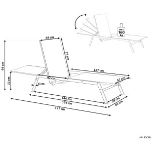 Disegno dettagliato del lettino da giardino Beliani Vernazza grigio con dimensioni e schienale regolabile.