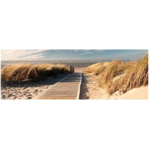 Quadro da parete Deco Block con motivo dune, 40x118 cm. Passerella in legno verso la spiaggia con erba delle dune.