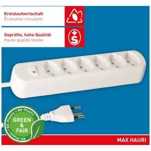 Bloc multiprise blanc Max Hauri Basic Line avec 6 prises de type 13 et câble de 1,5 m.