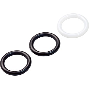 Set di guarnizioni per scarichi: 2 anelli in gomma neri e 1 anello in plastica bianco.