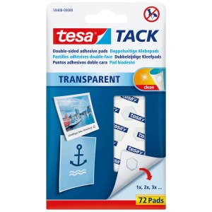 Tesa Tack Pastilles adhésives transparentes, 72 pièces, double face pour objets légers.