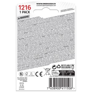 Retro della pila a bottone al litio Energizer CR1216, 3V, blister da 1, con avvertenze e simboli di riciclaggio.