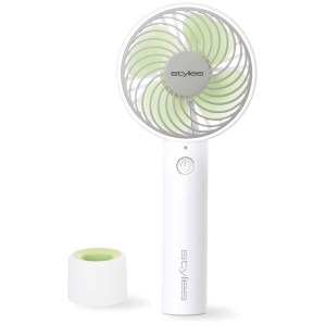 Ventilateur portable Lacerta vert et blanc, idéal pour les déplacements.