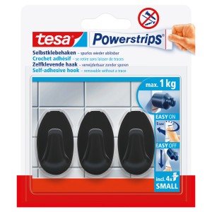 Tesa Powerstrips Crochets adhésifs S Ovales, lot de 3, noirs, pour une fixation sans dommage jusqu'à 1 kg.
