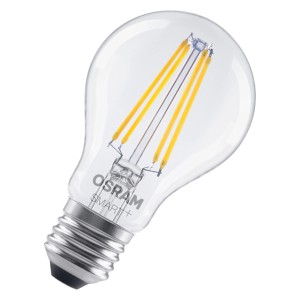 Lampadina LED Osram Matter E27, 6W, dimmerabile, filamento A60, vetro trasparente.