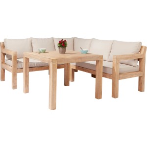 Ensemble lounge 4 pièces Morenci en acacia avec table à manger et coussins taupe.
