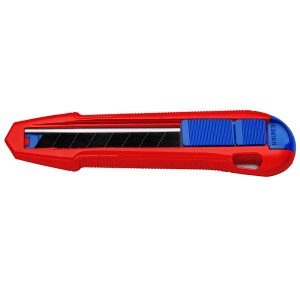 Knipex CutiX coltello universale, corpo in metallo rosso con guida lama blu e lame a segmenti.