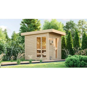 Sauna d'extérieur Weka Design Kuopio 1 en bois naturel avec fenêtre et porte.