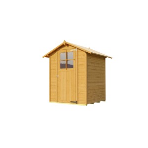 Abri de jardin en bois lasuré Weka avec toit à deux pentes, hauteur 171 cm. Cabanon de jardin avec fenêtre et porte en chêne clair.