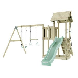 Torre giochi in legno con scivolo verde menta, altalena e trapezio PolarPlay Uppsala.