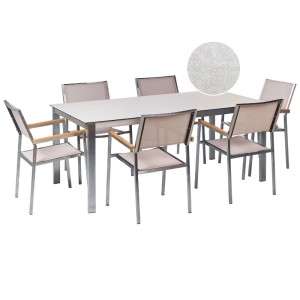 Ensemble de jardin Beliani: Table rectangulaire plateau verre effet marbre et 6 chaises textiles beiges acier.