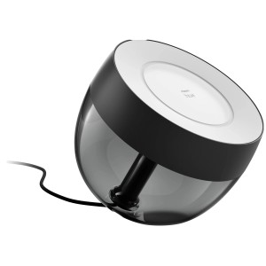 Schwarze Philips Hue Iris Tischleuchte mit Farbwechsel und 570 lm Lichtstärke.