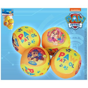 Quattro palline spugna Paw Patrol gialle con Chase e Skye, ideali per bambini in giardino, piscina o spiaggia.