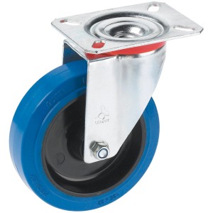 Roue pivotante Doerner + Helmer, roue en caoutchouc plein bleu, boîtier en acier galvanisé, Ø 10,5 cm.