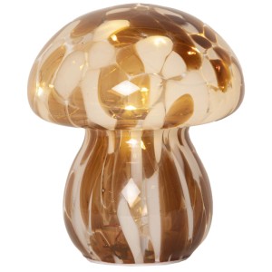 Decorazione in vetro LED Funghi Star Trading, lampada da tavolo a forma di fungo marrone con luce bianca calda.
