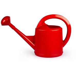 Arrosoir rouge en plastique, 7 litres, avec pomme d'arrosage amovible et poignée ergonomique.