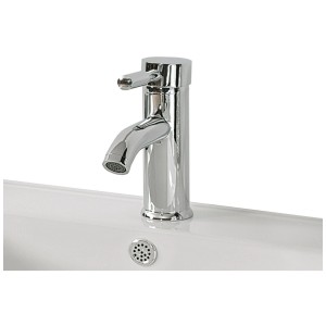 Miscelatore monocomando Rusumo in metallo cromato su lavabo bianco.