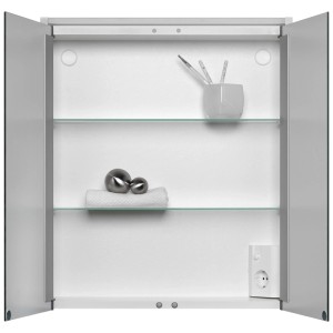 Armoire de toilette ouverte Sieper LED Nelma Line, blanche, avec étagères en verre, prise et décoration.