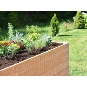 Jardinière surélevée en douglas remplie (100x200x72,5 cm) dans le jardin.