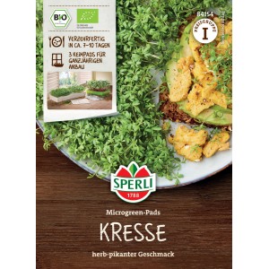 Sperli Semi BIO Microgreen Pads Crescione, confezione con crescione e suggerimento di preparazione.