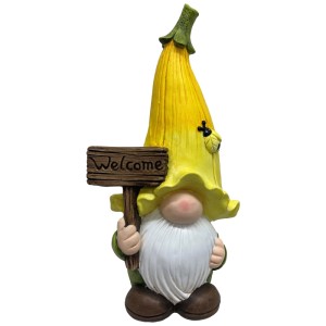 Wetterfeste Wichtelfigur Welcome Magnesia, 47 cm, mit gelbem Hut und Welcome-Schild als Gartendekoration.