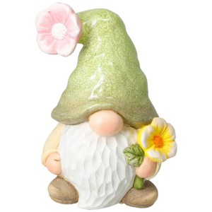 Mehrfarbiger Gartenzwerg mit Blumenhut und Blume, 31cm, Dekofigur für den Garten.