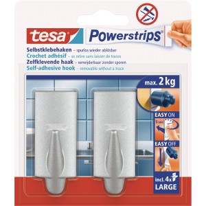 Tesa crochets adhésifs, lot de 2, chrome mat, carrés, avec 4 Powerstrips Large. Supporte jusqu'à 2 kg.