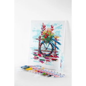 Marqueur acrylique bleu gentiane Edding 5000 avec toile peinte et sélection de couleurs.
