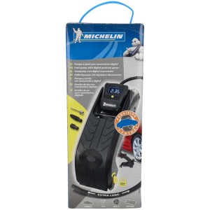 Pompe à pied Michelin avec manomètre digital dans sa boîte. Compresseur pour auto et vélo.