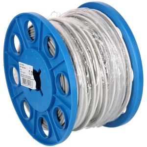 Câble de haut-parleur blanc 2x2,5 mm² au mètre sur bobine bleue.