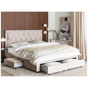 Beiges Samt Bett Lievin 180x200 cm mit Schubladen für zusätzlichen Stauraum.