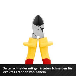 Einhell tool pad : Détail de la pince coupante avec poignées jaune et rouge pour le set d'outils d'électricien.