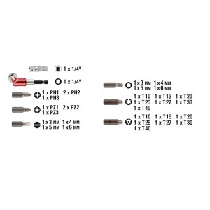 Boîte de 32 embouts : Divers embouts de tournevis et porte-embouts pour les jeux d'outils.