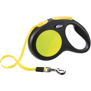 Flexi Gurt-Roll-Leine New Neon, taglia M, nero-neon, 5 m. Guinzaglio per cani con elementi riflettenti.