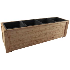 Jardinière rectangulaire en mélèze avec quatre inserts noirs pour plantes.