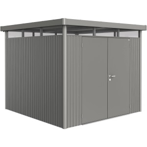 Abri de jardin métallique Biohort HighLine, gris quartz métallisé, 6,6 m² avec double porte.
