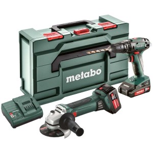 Kit machines Metabo : perceuse-visseuse, meuleuse d'angle, chargeur et coffret de transport.
