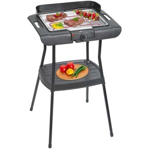 Clatronic BQS 3508 barbecue elettrico da terra con cibo e ripiano per verdure.
